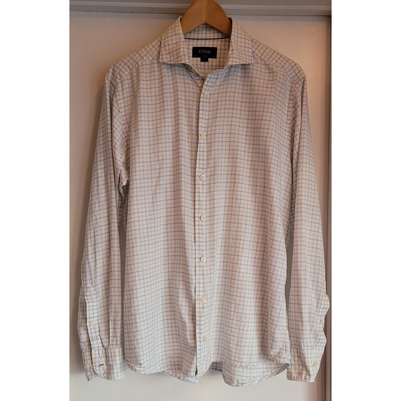 Eton Button-Down Shirt Size L Plaid White Blue Cotton Silk Luxury Lightweight